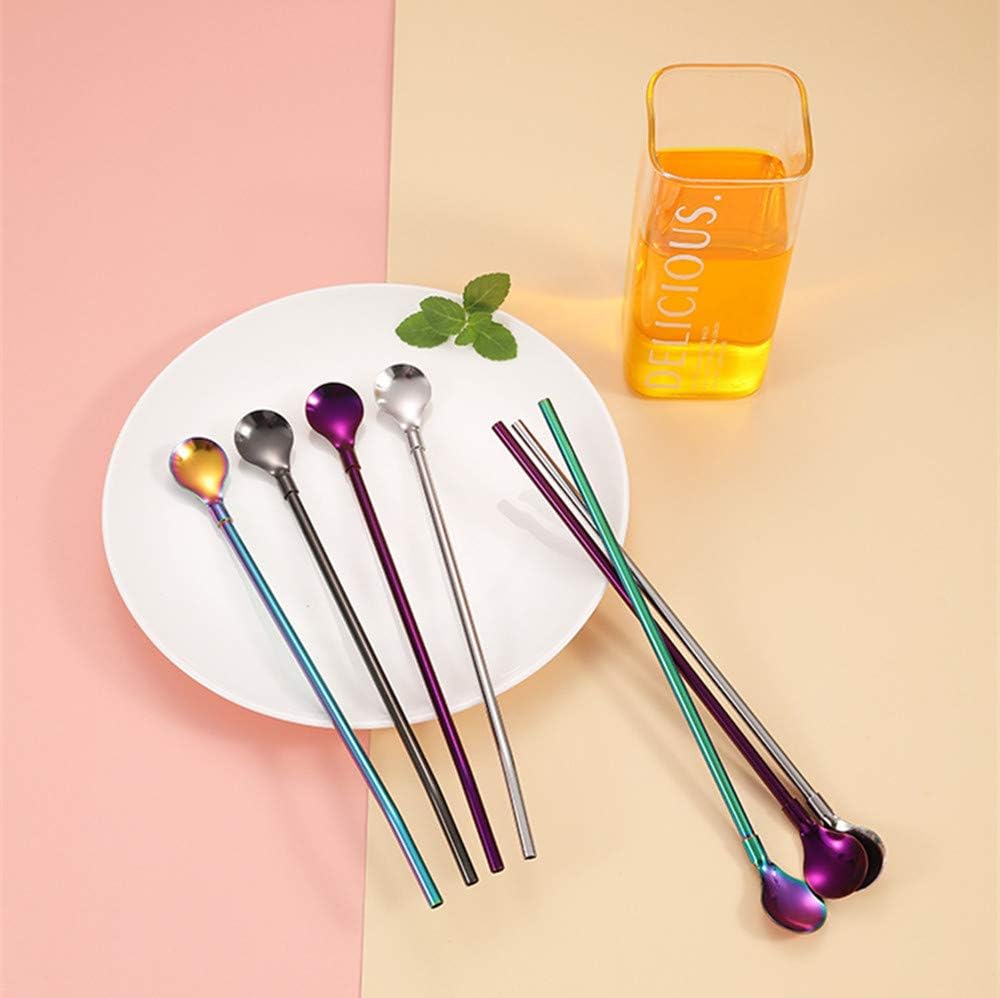 Falytemow Cucharas de acero inoxidable reutilizables, cucharas de cóctel de metal, pajitas con cepillo de limpieza largo para bebida, batidos,
