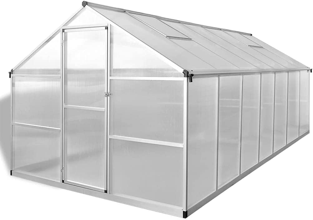 vidaXL Amplio invernadero – 113.3 pies cuadrados – Paneles de aluminio reforzado y policarbonato resistente a los rayos UV con sistema de canalón y