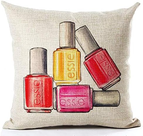 Unkyoo Juego de 4 fundas de almohada decorativas para maquillaje y esmalte de uñas de algodón y lino con patrón de lápiz labial, funda de almohada