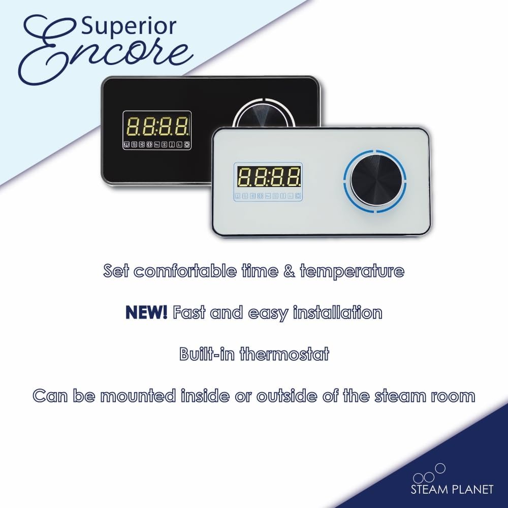 STEAM PLANET Superior Encore – Kit generador de ducha de vapor de 6 kW con teclado horizontal negro, bandeja de goteo y luz blanca, generador de