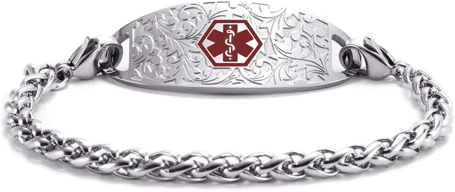 Pulsera de identificación de alerta médica, cadena de acero inoxidable intercambiable con etiqueta de filigrana, pulseras de identificación de