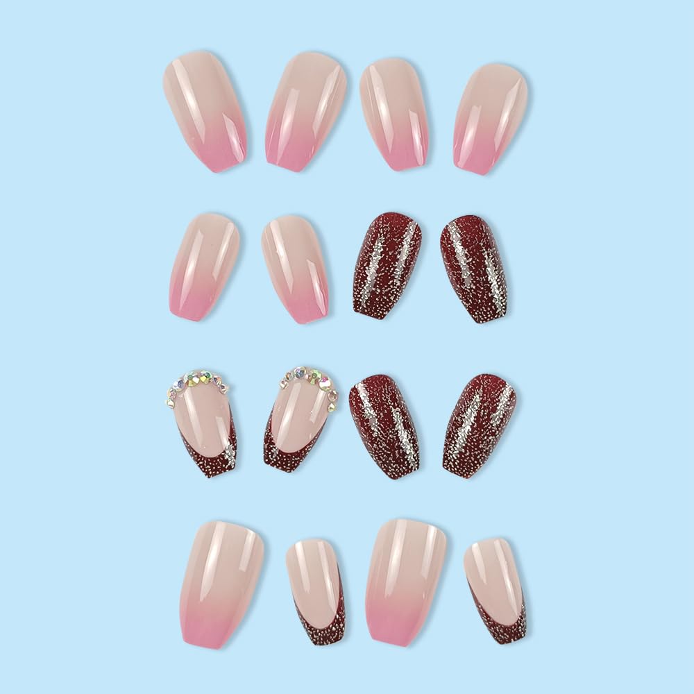 24 piezas de uñas cuadradas a presión, uñas postizas medianas, color rosa degradado, uñas adhesivas de cobertura completa, color rojo vino,
