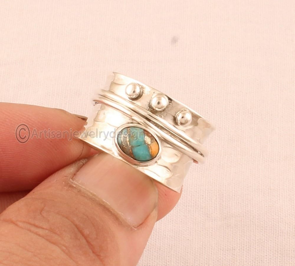 Oyster Copper Turquoise Ring, 925 Sterling Silver Jewelry, Minimalist Ring For Women, Statement Spinner Ring, Fidget Spinner Ring, Anxiety Spinner