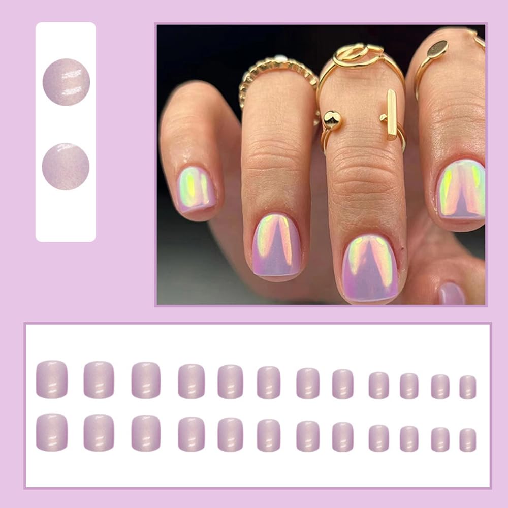 SHANRUN – Juego de 24 uñas postizas a presión color morado grisáceo, cuadradas, brillantes, brillantes, diseño aurora, cobertura completa, kit de