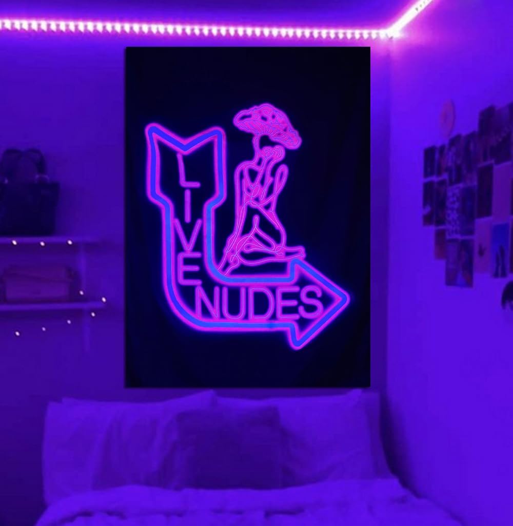 Tapiz con luz de neón para colgar en la pared, tapiz de hongos con luz negra, reactivo a los rayos UV, tapiz sexy, tapiz vertical rosa neón para