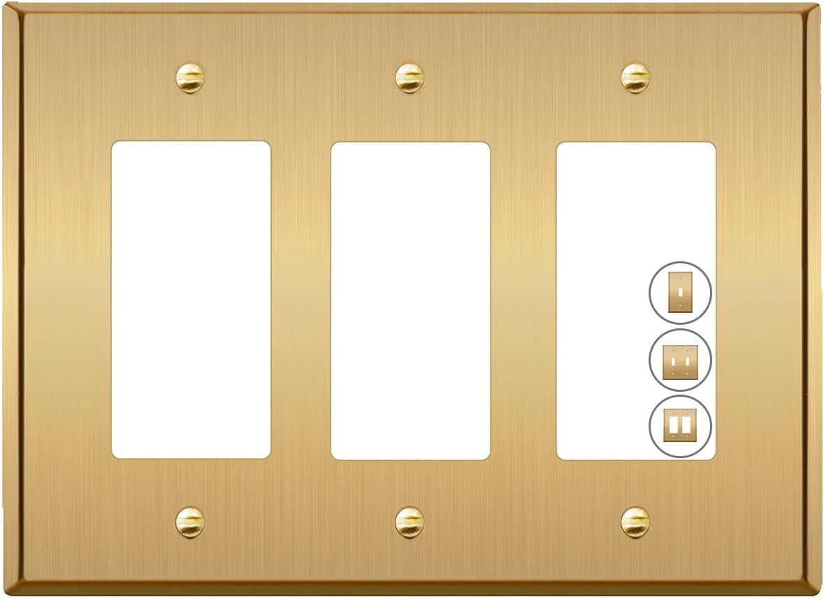 Placa de pared de metal dorado triple para interruptor de luz o cubierta de enchufe, placa de pared resistente a la corrosión para receptáculo,
