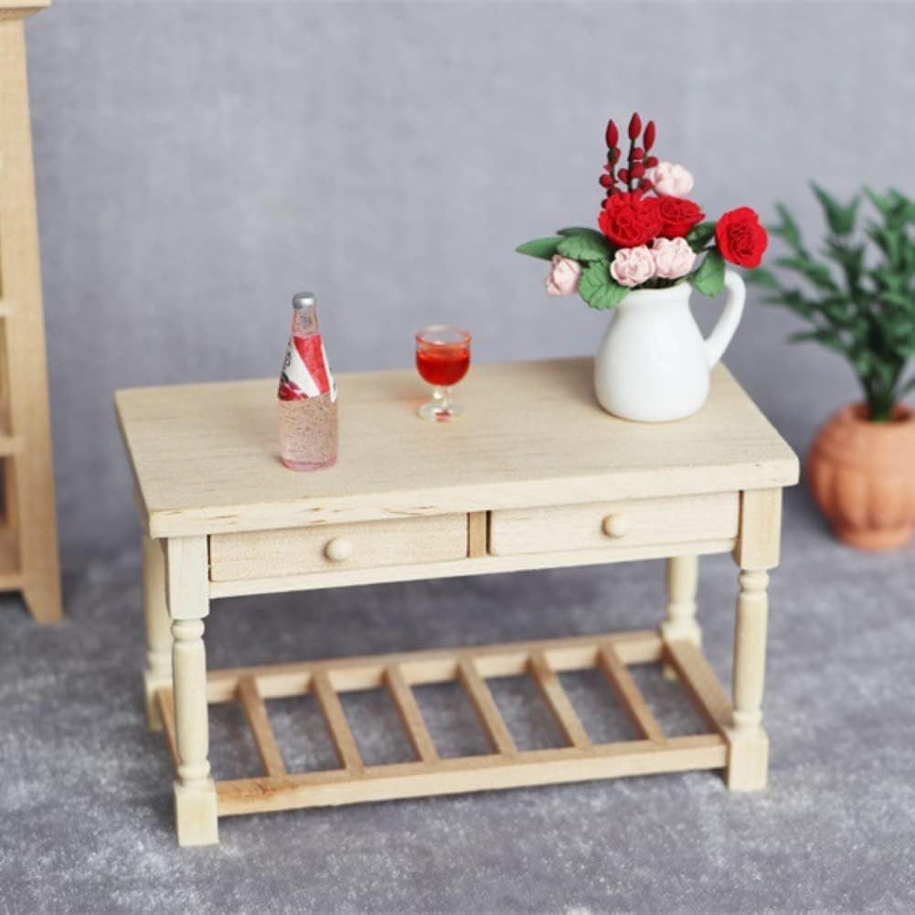 shlutesoy 112 casa de muñecas Mini mesa de comedor de 2 cajones modelo de muebles de cocina escena madera