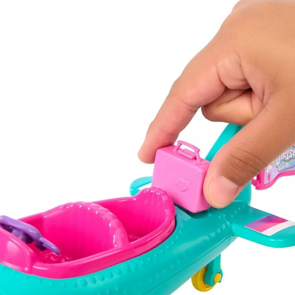 Barbie Chelsea Can Be – Juego de muñeca y avión, avión de 2 plazas con hélice de margarita giratoria y 7 accesorios, incluye cachorro y calcomanías