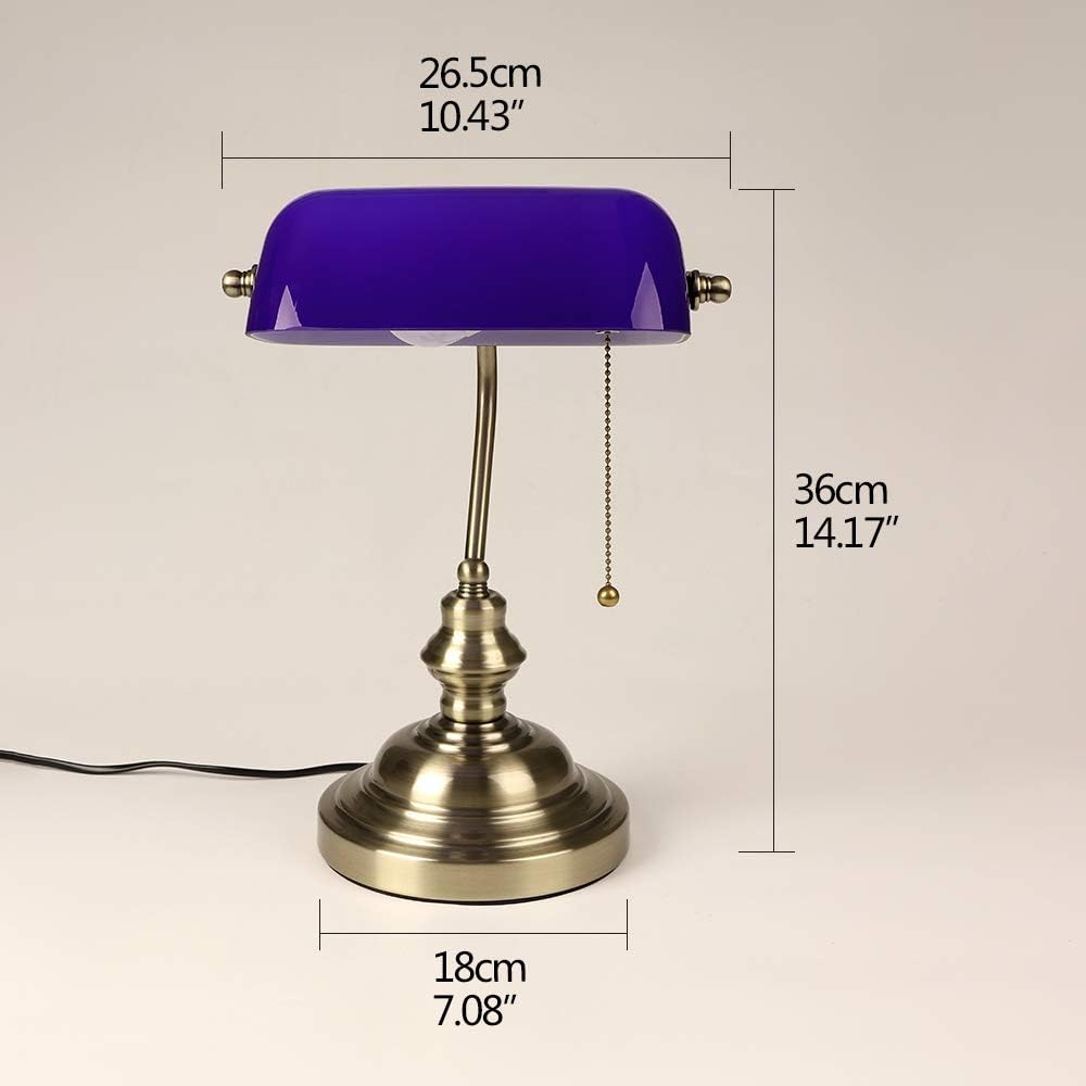 FIRVRE Lámpara de escritorio de cristal azul brillante ejecutiva lámpara de mesa base de acabado bronce con interruptor de cadena de tracción E26