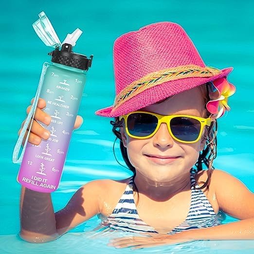 GOPPUS Botella de agua para niños con tapa de boquilla de pajilla, 10 calcomanías de 17 onzas, a prueba de fugas, sin BPA, marcador de tiempo