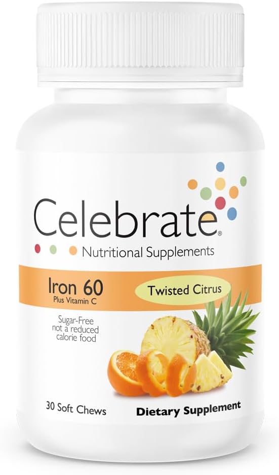 Celebrate Vitamins Hierro bariátrico con vitamina C  60 mg de hierro suave masticable, sabor cítrico torcido, 30 unidades  Vitaminas bariátricas