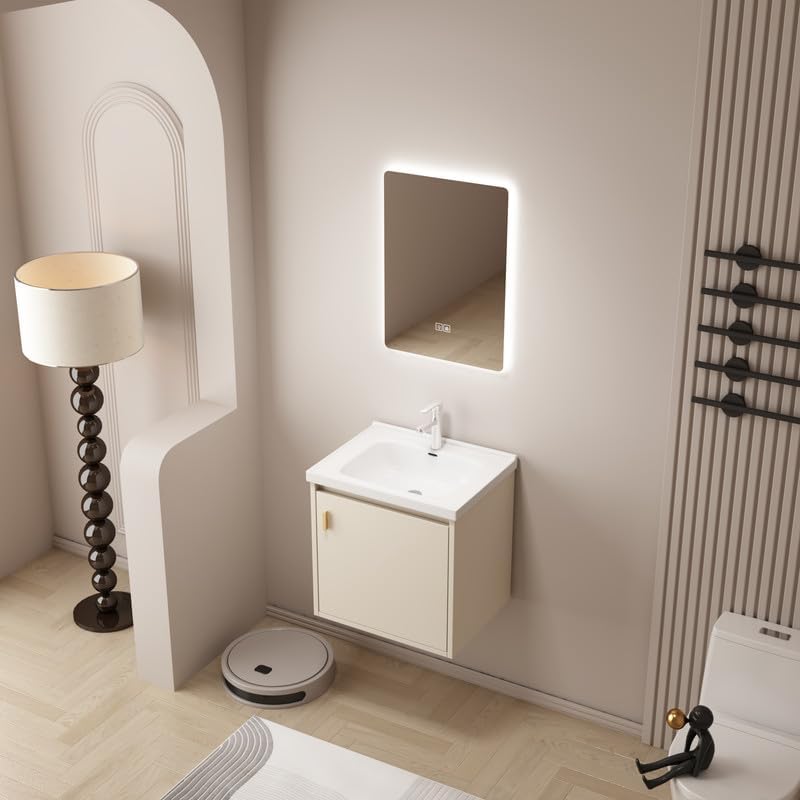 Tocador de baño pequeño de 20 pulgadas montado en la pared, pequeño tocador de baño con fregadero de cerámica, tocador de baño moderno con cajones