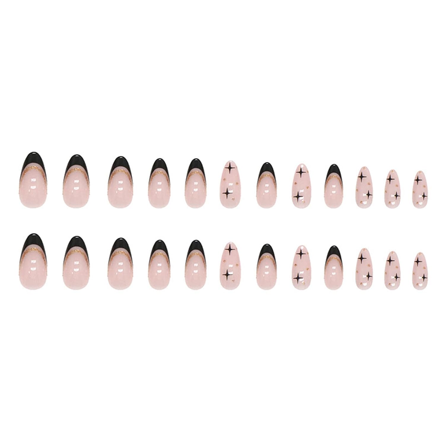 Uñas postizas a presión de almendra, medianas, largas, francesas, negras, doradas, con diseño de polvo, reutilizables, naturales, uñas acrílicas de