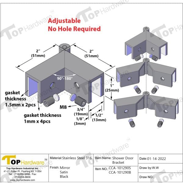 Funda ajustable de acero inoxidable de 90-180 grados de vidrio a vidrio de grado 316 sobre abrazadera de puerta de ducha para grosor de vidrio de 14