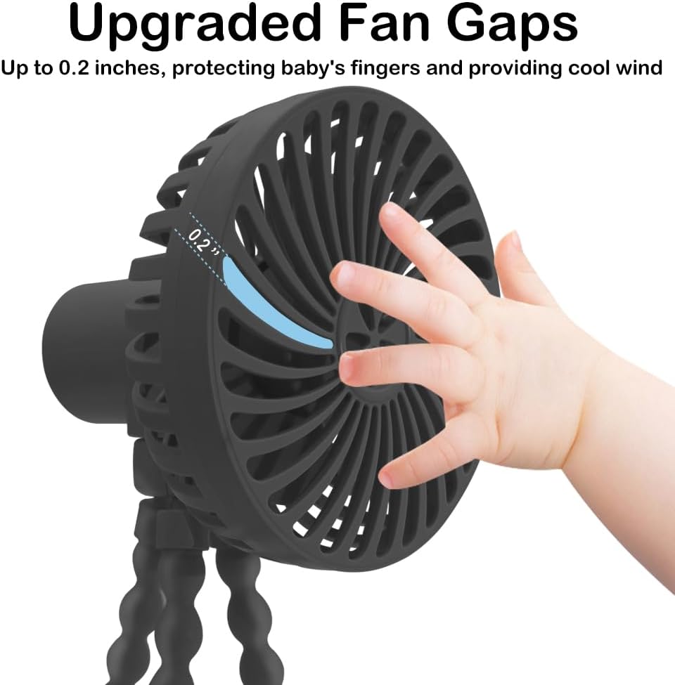 Stroller Fan, 3 Speed Adjustable Portable Fan, USB Rechargeable Battery Powered, Handheld Fan with Flexible Tripod, Suitable for Cribs and