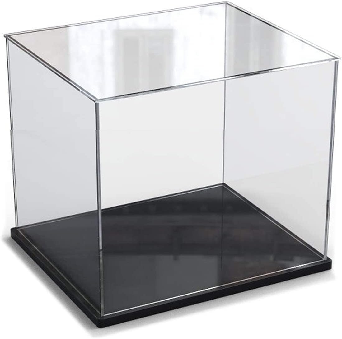Vitrina de acrílico con base acrílica negra, cajas de acrílico para exhibición, vitrina a prueba de polvo, caja de encimera de cubo, vitrinas para