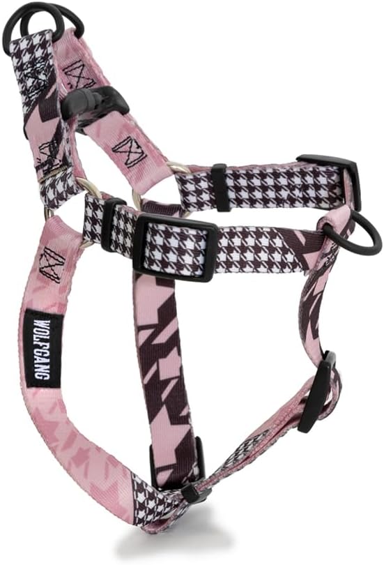 Wolfgang – Arnés de alta calidad sin tirones para perros pequeños, medianos y grandes, fabricado en Estados Unidos, estampado rosa de perros,