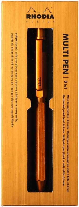RHODIA 9340C – 3 en 1 scRipt Multipen 2 bolígrafos 0.020 in Negro y Rojo + 1 Portaminas Grafito 0.020 in – Cuerpo hexagonal en aluminio cepillado