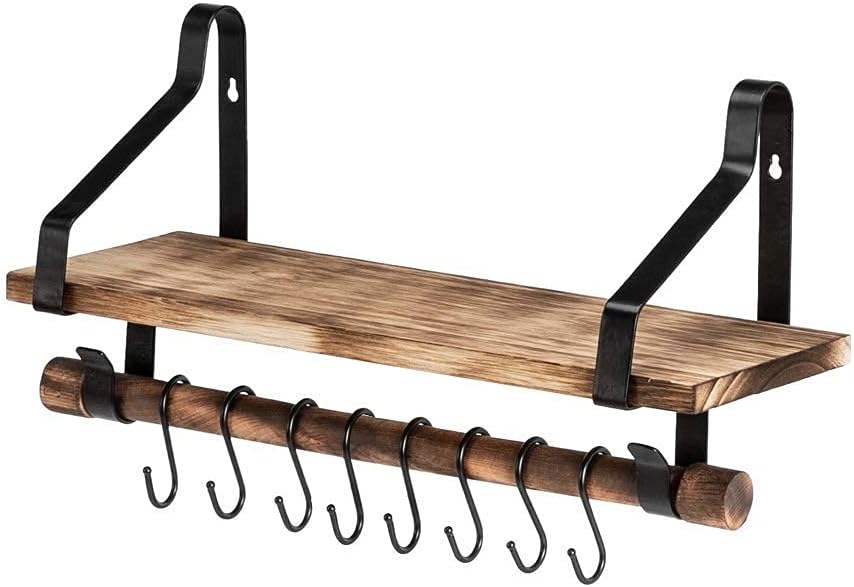 Estantes de pared de madera con toallero, estante de especias de cocina de madera rústica con barra de toalla y 8 ganchos extraíbles para baño,