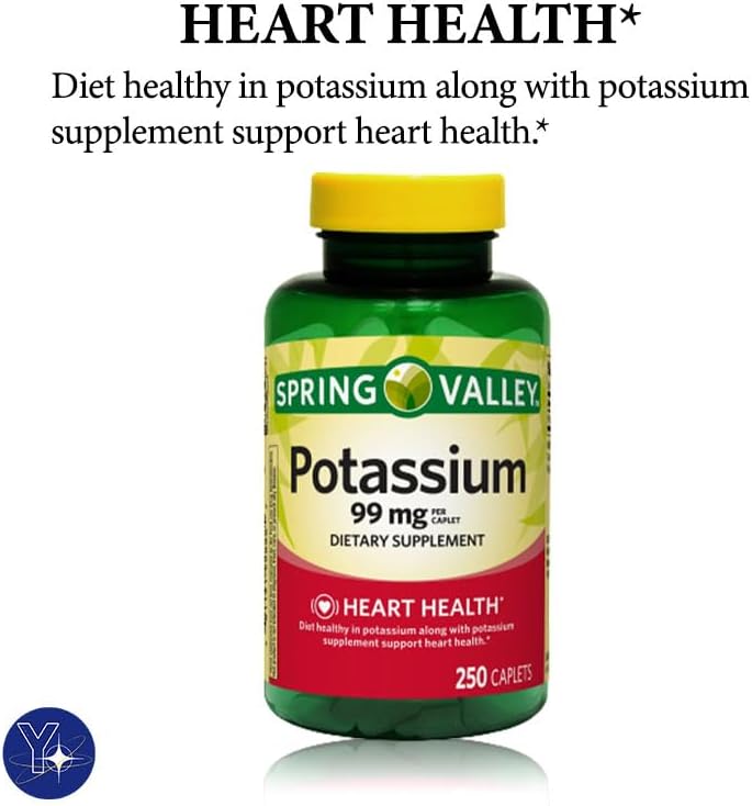 Comprimidos de suplemento dietético de salud cardíaca de potasio, 99 mg, 250 unidades Spring Valley y marcapáginas de regalo YOLOMOLO