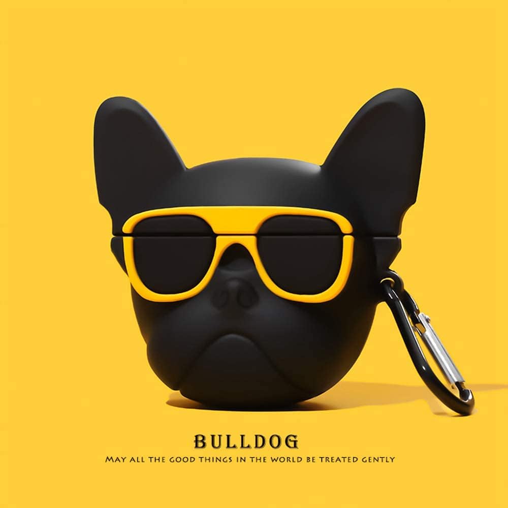 Compatible con Airpods 12, silicona 3D lindo bulldog con gafas amarillas divertido personaje de dibujos animados Airpod Cover Kawaii divertido
