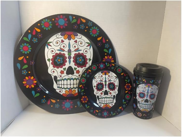SCR8VE – Juego de plato, platillo y vaso del Día de los Muertos, plato decorativo para aperitivos y aperitivos con calavera de azúcar, platos