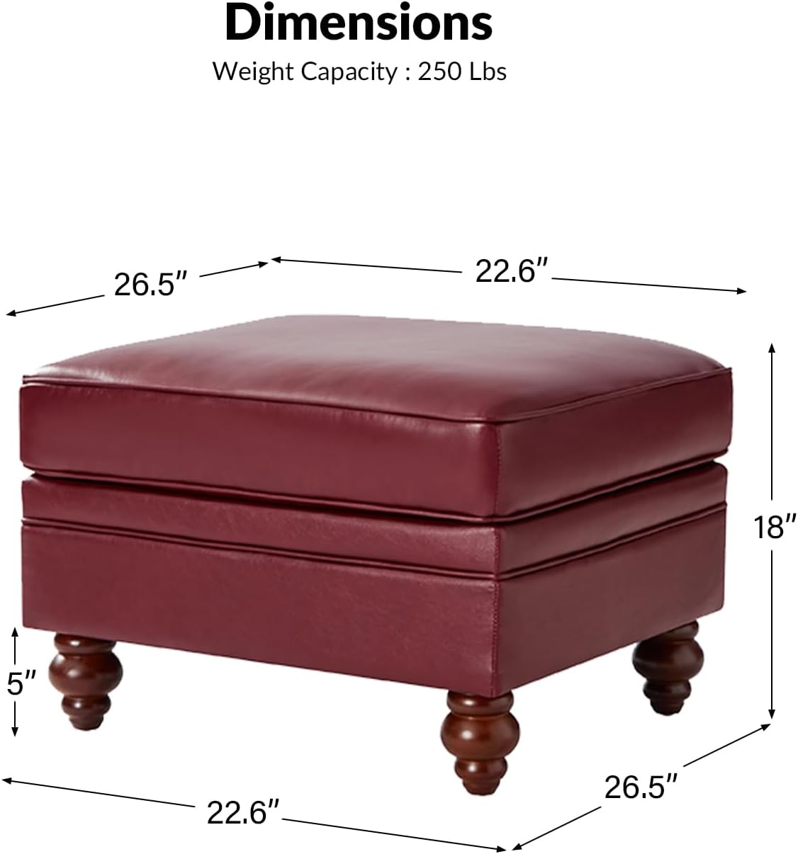 HULALA HOME Mesa de centro otomana de cuero auténtico, reposapiés otomano para sala de estar, borgoña