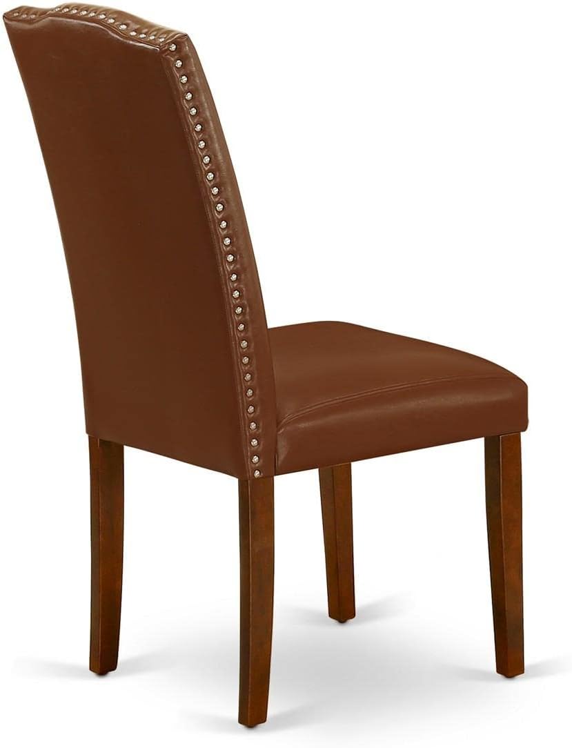 East West Furniture ENP3T66 Encinal Parsons – Juego de 2 sillas tapizadas de piel sintética marrón con ribete de cabeza de clavo, color caoba