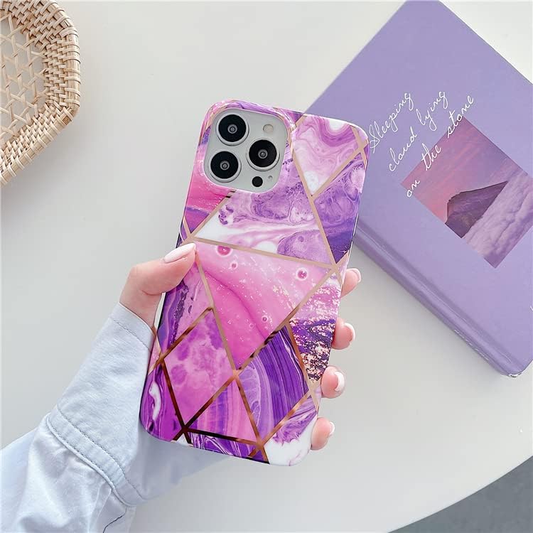 Funda para iPhone 14 Pro de 6.7 pulgadas delgada de cuerpo completo elegante funda protectora cuadrada geométrica mármol teléfono caso púrpura