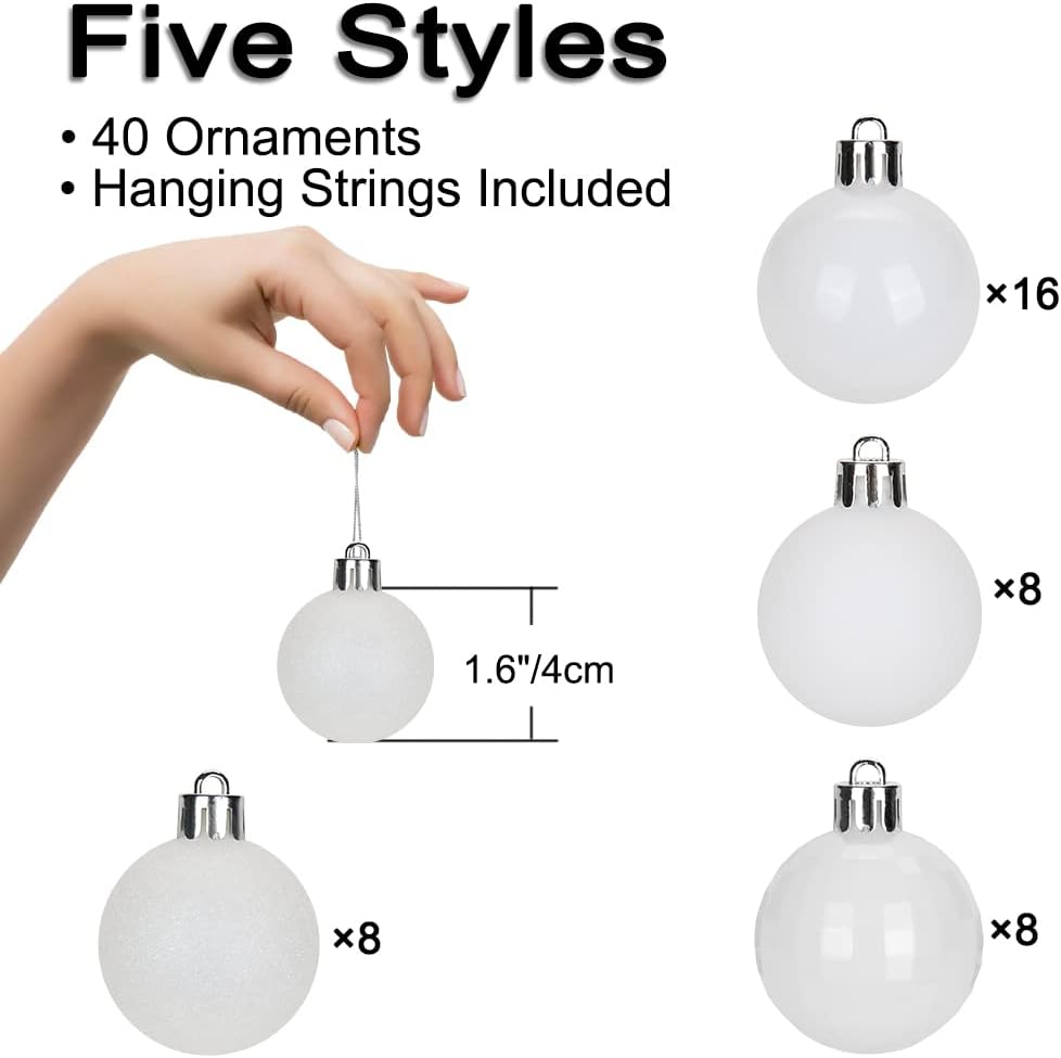 Adornos de bolas de Navidad blancas de 1.57 pulgadas, 40 piezas inastillables, juego de adornos de bolas de Halloween, adornos blancos para árbol de