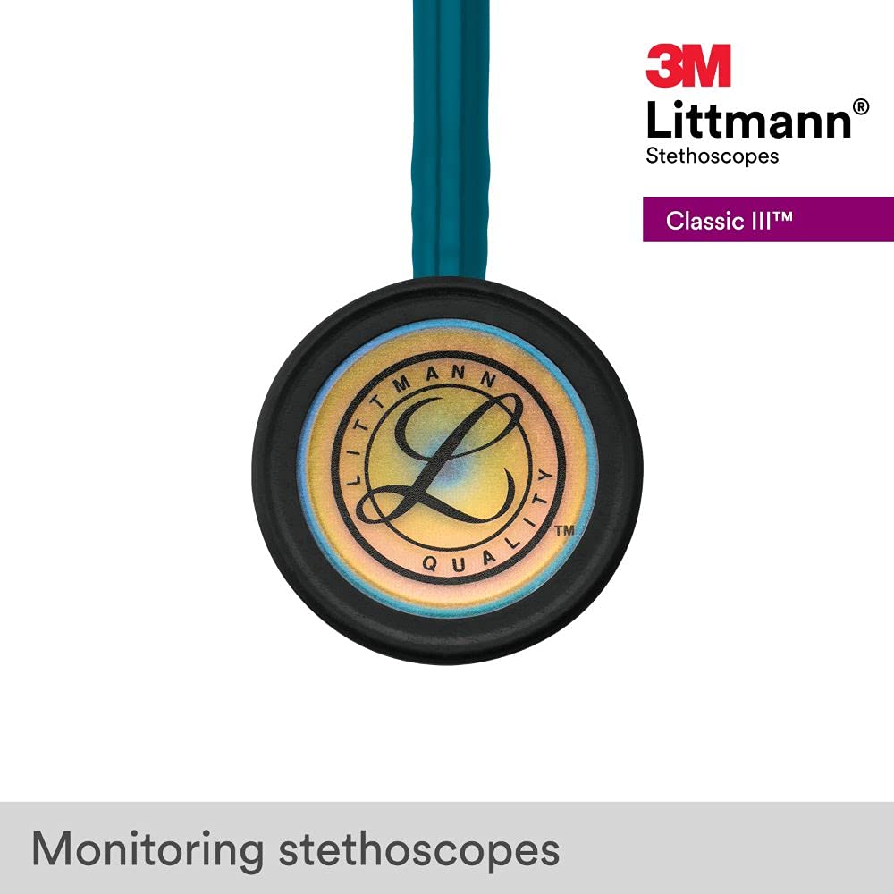 3M 5870 Littmann Classic III – Estetoscopio de monitoreo con acabado de arco iris con etiqueta de identificación negra, tubo azul caribeño de 27