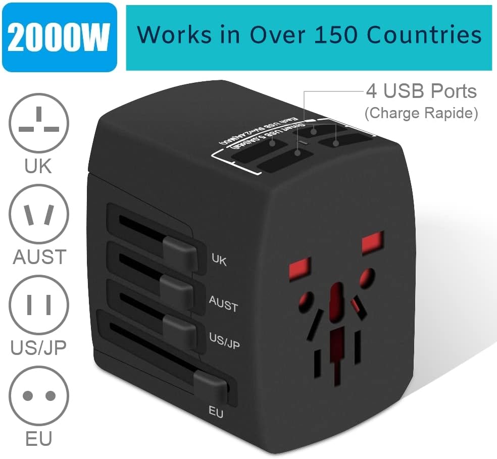 Adaptador de corriente de viaje universal en todo el mundo, adaptador internacional de 2000 W con 4 puertos USB, Reino UnidoUEAUEE. UU. (más de 200