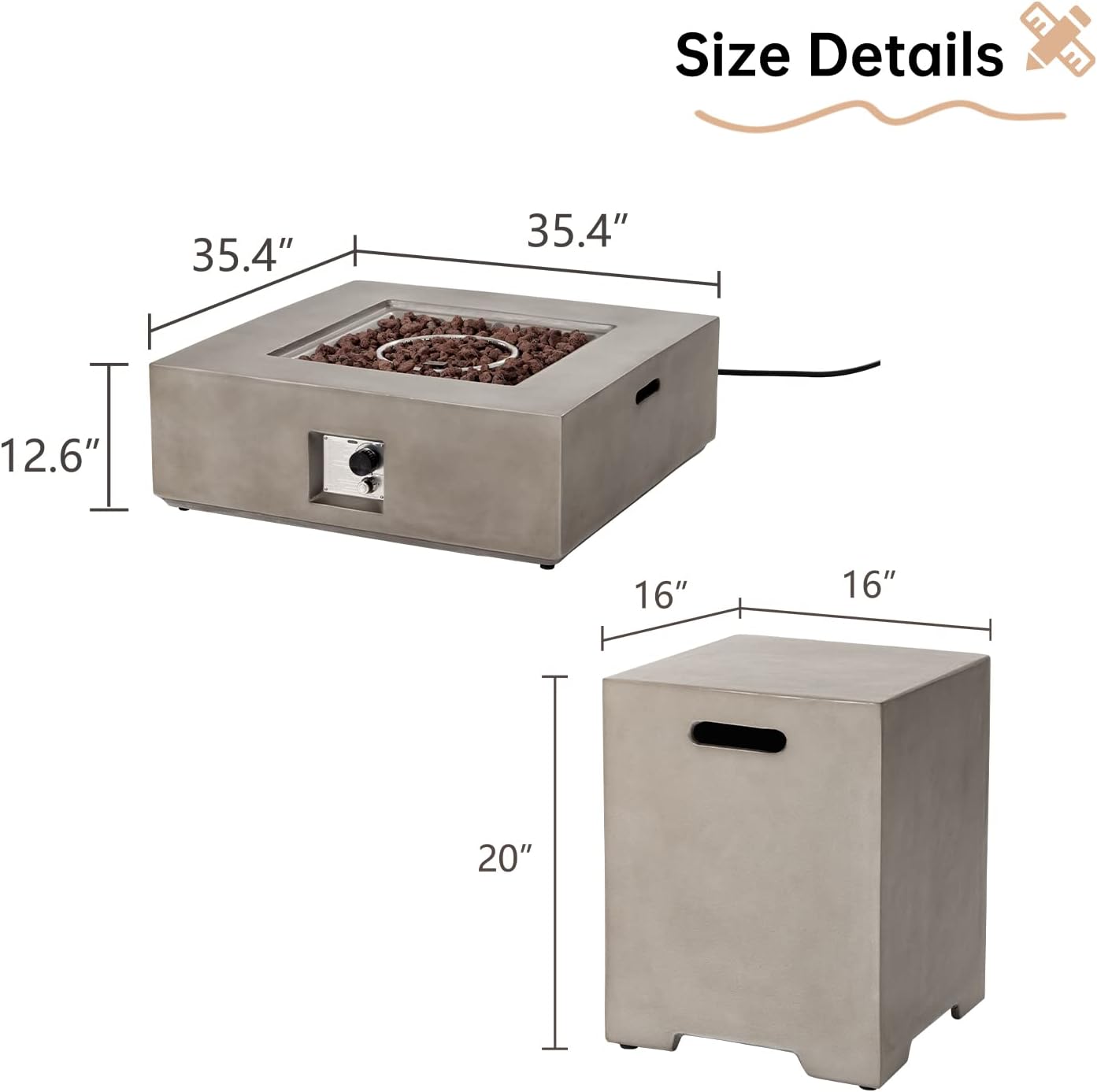 HOMPUS Mesa cuadrada para fogata de propano para exteriores, 35.4 x 12.6 pulgadas, con protector contra el viento, fogata de 50000 BTU con cubierta