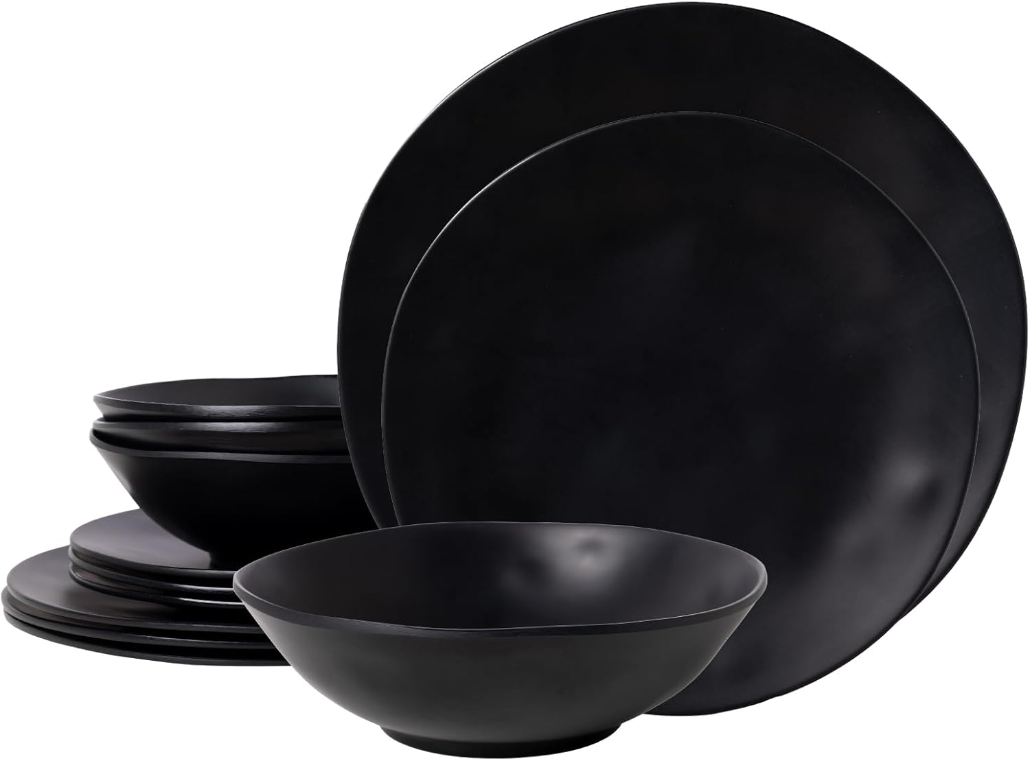 Juego de platos y cuencos de melamina negra, juegos de vajilla de melamina de 12 piezas para uso en interiores y exteriores, juego de platos ligeros