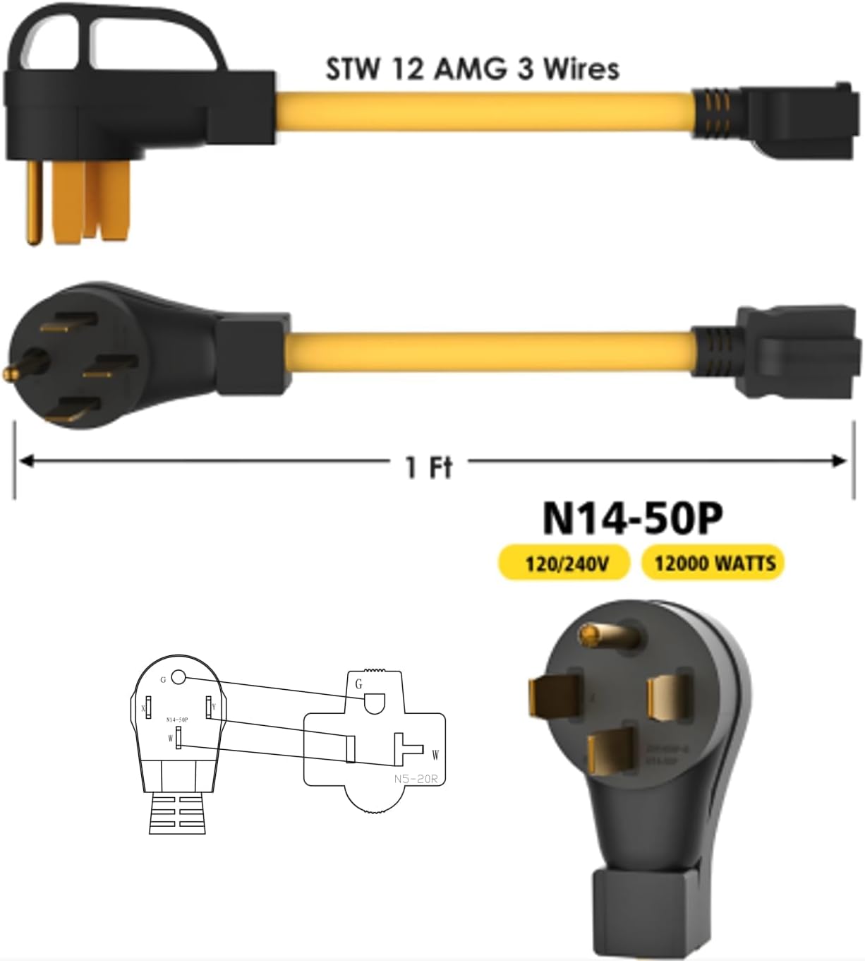 240 V a 120 V NEMA 14-50P a 5-15R5-20R Adaptador de hoja en T 12AWG STW cables de cobre RV Generador Adaptador de cable de alimentación 50 Amp a 20