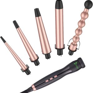 Juego de varita de rizador de cerámica 5 en 1, 5 barriles de cerámica intercambiables (0.35 a 1.25), guante resistente al calor, oro rosa Juego de varita de rizador de cerámica 5 en 1, 5 barriles de cerámica intercambiables (0.35 a 1.25), guante resistente al calor, oro rosa