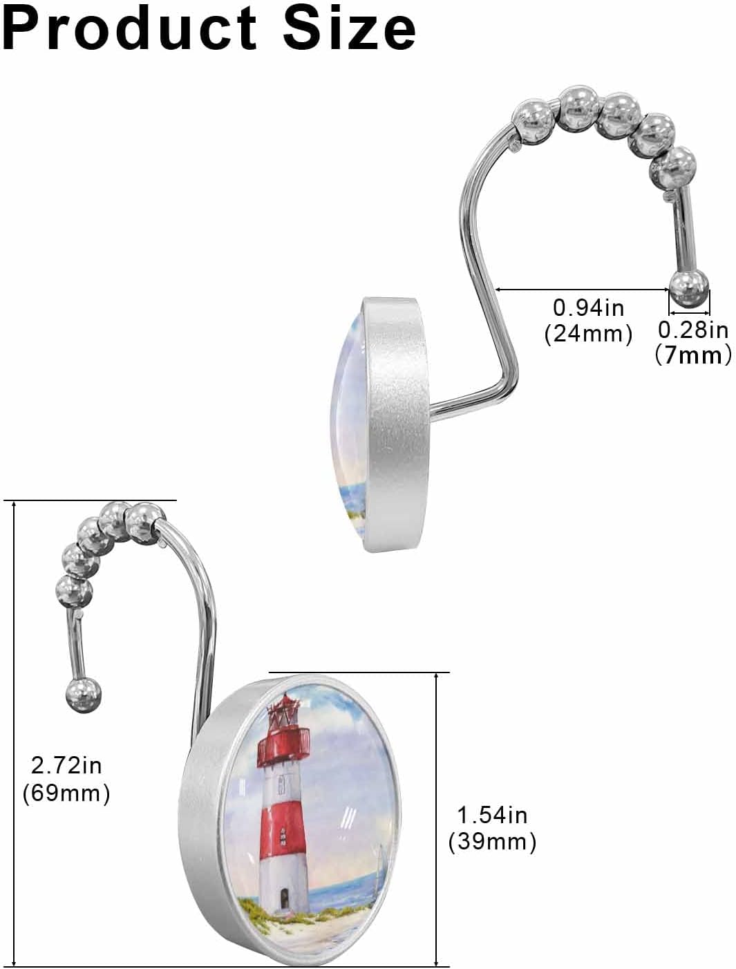 Juego de 12 ganchos para cortina de ducha, diseño retro de cristal de agua rojo y blanco, anillos de cortina de ducha para baño, decorativos de