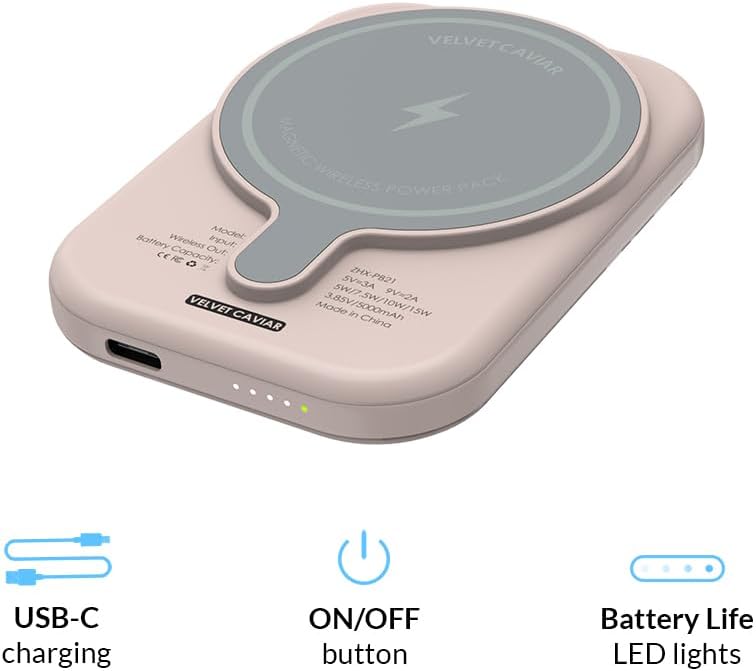 Velvet Caviar Paquete de baterías compatible con MagSafe  Banco de energía portátil magnético con cable USB-C  Cargador delgado para iPhone 12, 13,