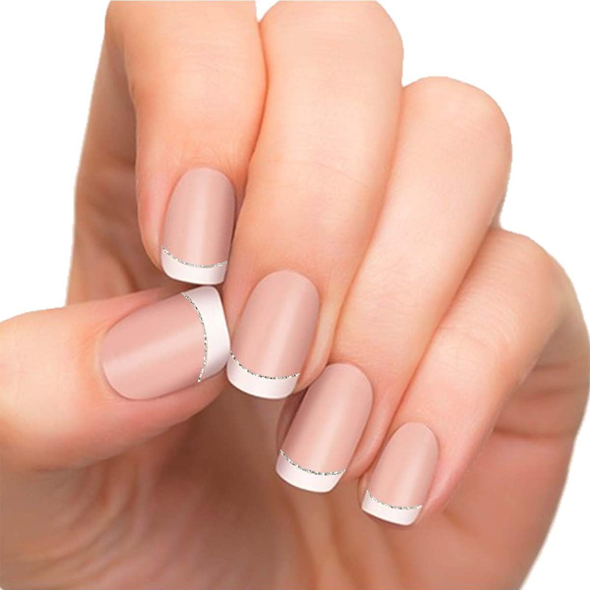 Tiras de uñas de gel semicuradas, puntas de uñas francesas, calcomanías de uñas de gel UV, calcomanías de uñas de gel con purpurina plateada de