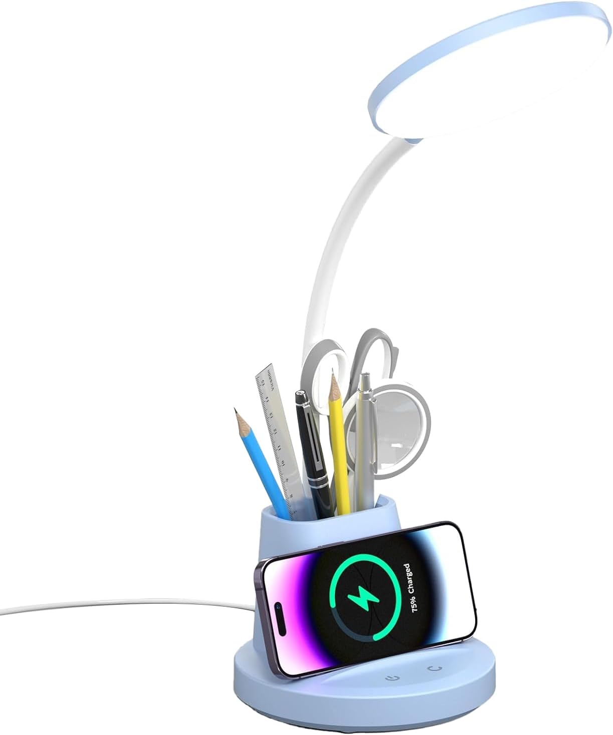 Lámpara LED de escritorio con cargador inalámbrico para oficina en casa, pequeña con soporte para bolígrafo, 800 lúmenes, 3 modos de color, cuello