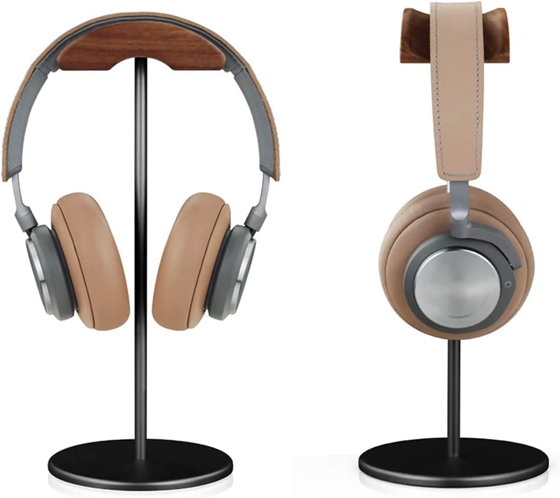 Soporte para auriculares con reposacabezas de madera de nogal premium, gancho para colgar auriculares para escritorio con base pesada sólida para
