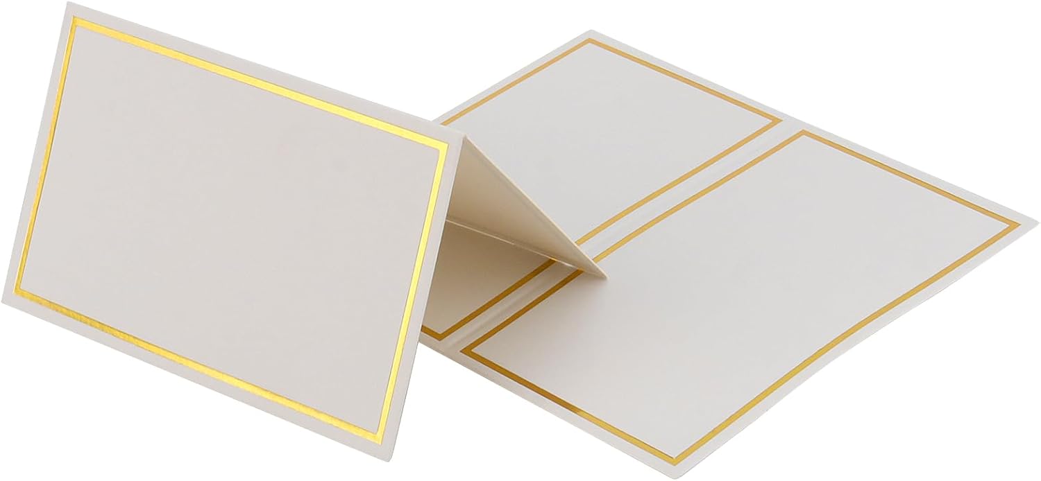 HAKZEON 300 tarjetas de lugar de 3.3 x 4 pulgadas con borde de lámina dorada, tarjetas de nombre de mesa doradas, tarjetas de lugar de tienda de