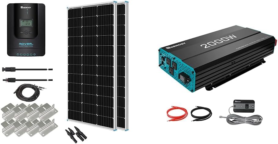 Renogy Panel solar monocristalino de 200 vatios y 12 voltios, controlador de carga MPPT de 20 A, montaje e inversor de onda sinusoidal pura de 2000