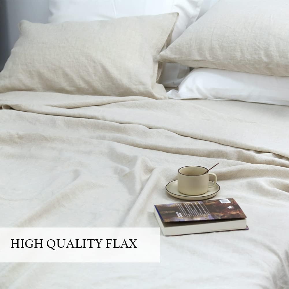 Juego de sábanas de 100 % lino francés natural, 4 piezas, ropa de cama suave y transpirable con bolsillo profundo (1 sábana encimera, 1 sábana