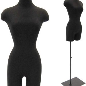 Vestido negro femenino adulto forma maniquí torso con base metálica cuadrada ajustable #F2BLG-05BK Vestido negro femenino adulto forma maniquí torso con base metálica cuadrada ajustable #F2BLG-05BK