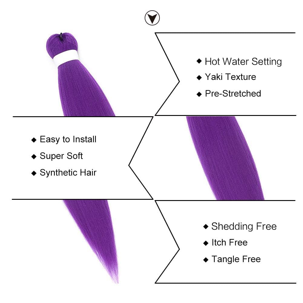 Alinyasha Cabello trenzado ignífugo preestirado morado, 3 paqueteslote, trenzas sin picazón, ajuste de agua caliente, fibra sintética, textura Yaki,