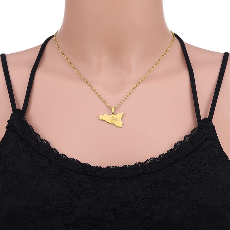 Stainless Steel Italy Sicily Map Pendant Necklaces Italian Sicilia Jewelry Gifts (gold)