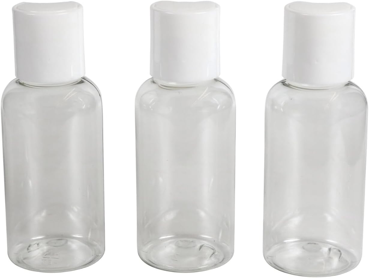 Botellas de viaje de plástico transparente, juego de 3 piezas de 2.7 onzas aprobadas por la TSA (2 botellas abatibles, 1 botella de aerosol)