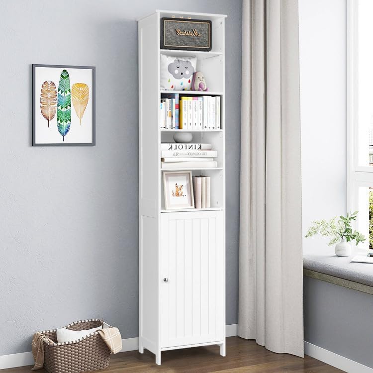 Safeplus Gabinete de almacenamiento de baño de 72 pulgadas de alto, organizador de torre independiente con estantes ajustables y puerta (blanco)