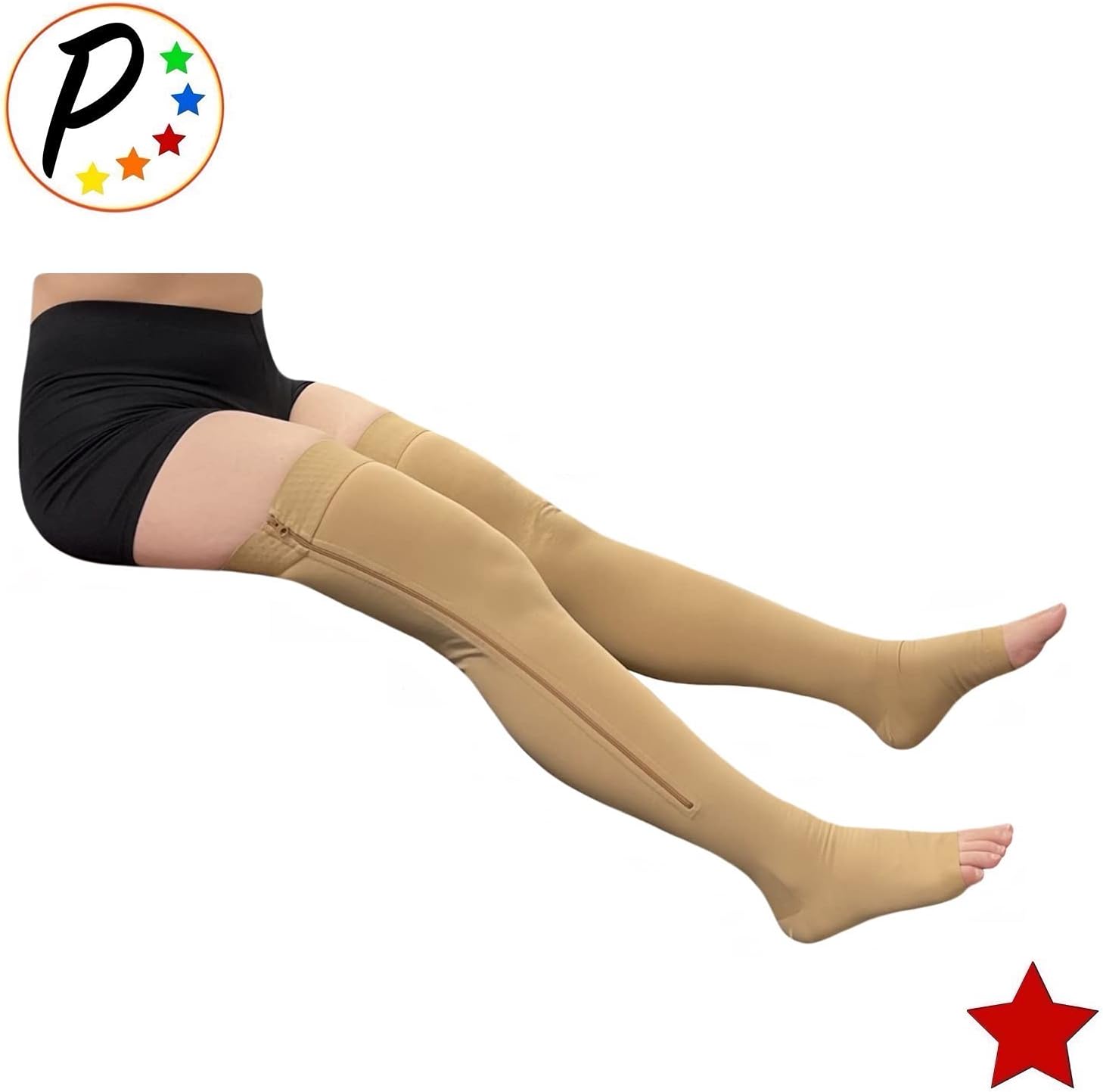 Punta abierta hasta el muslo 20-30 mmHg Pierna de compresión firme con cremallera YKK (beige, 0)